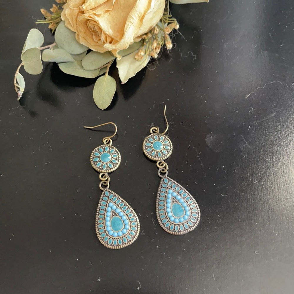 Distressed gold and blue dangling earrings